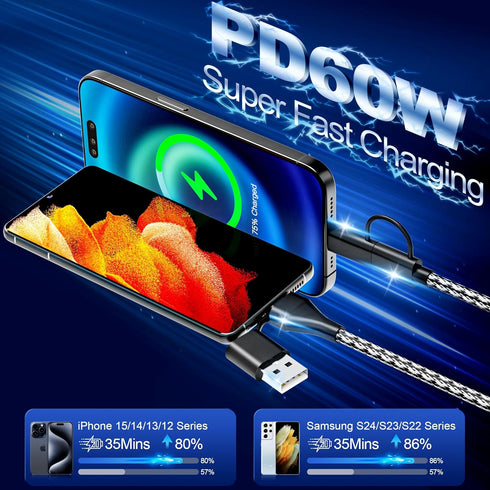 60W 4-in-1 USB C Cable Lightning Cable, 20FT/6M Fast Charging & Data Sync Long Nylon Braided Multi Charger Cord