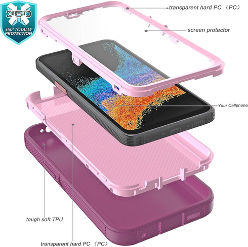 Galaxy Xcover 6 Pro Case with Built-in Screen Protector, 3-Layer Durable Shockproof Armor Drop Protection, Wine Red/Pink