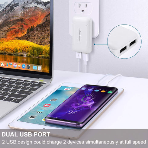 Pofesun Slim USB Wall Charger 2-Pack 3A/5V Dual Port Adapter with Foldable Plug, Flat Charging Box for iPhone 15 14 13