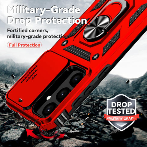 SunStory Galaxy S24 Case - Military-Grade Protection, HD Screen Protector, Kickstand & Slide Camera Cover (Red)