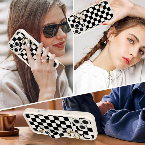 Jefonha 17 Compatible with Phone Pro Max Case with Finger Strap for Girls Women, Cute Checkered Checkerboard Phone Case