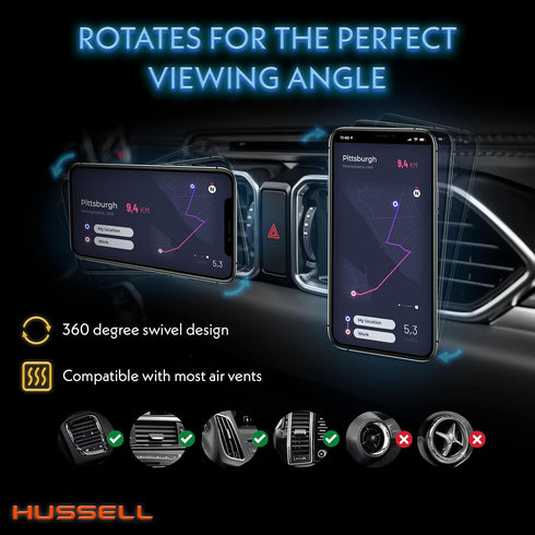 HUSSELL Magnetic Phone Car Mount, 360° Adjustable Air Vent Phone Holder - Compatible with Any Cell Phone