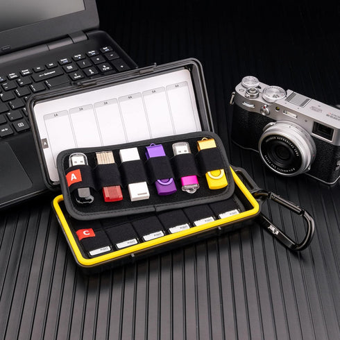 (12 USB+24 SD) USB Flash Drive Case with Labels, Shockproof Water-Resistant Organizer for Thumb Drive and SD Cards