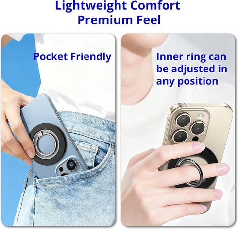 HISSIMO 2-Way 17-12 Dual-Sided Magnetic Phone Mount for MagSafe, Ultra-Slim Metal Ring Holder Grip with Kickstand