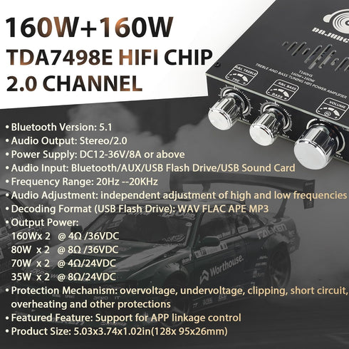 T160HS 160W+160W Amplifier Board with Treble and Bass Control, Bluetooth/AUX/USB Input, 2.0 Channel