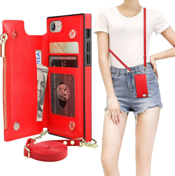 Bocasal Crossbody Wallet Case for iPhone SE 2022/SE 2020/7/8, Card Holder, Zipper Slot Protector, 4.7 Inch