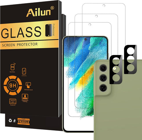 Ailun Glass Screen Protector for Galaxy S21fe, 3 Pack + 2 Pack Camera Lens, 0.33mm, Anti-Scratch, Case Friendly