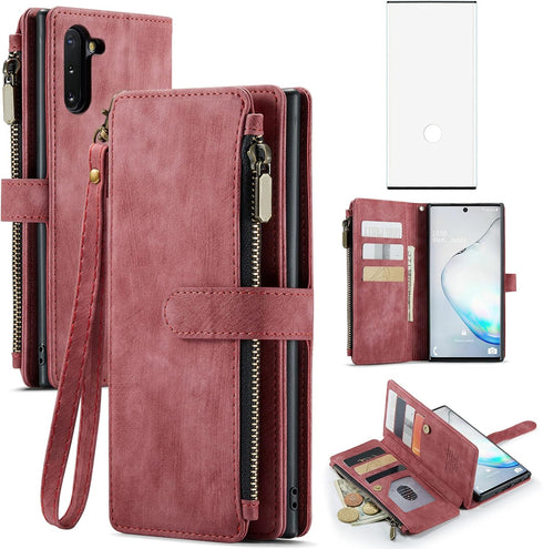 Asuwish Samsung Galaxy Note 10 Wallet Cover with Tempered Glass Screen Protector, Leather Flip, Card Holder, Red