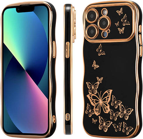 ZTOFERA Cute Curly Wave Frame Case for iPhone 13 Pro Max, Luxury Plating Butterfly Pattern, Soft TPU Shockproof (Black)