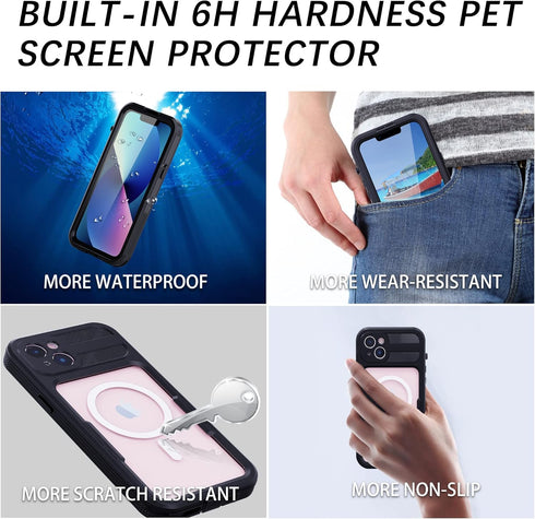 iPhone 14 Plus Waterproof Case with Screen Protector, Full Body Heavy Duty Protection, Shockproof, Dustproof, Black