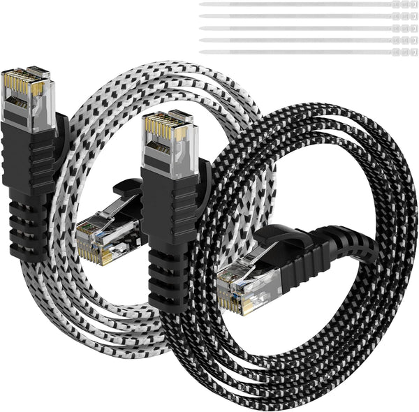 Elecan Cat 6 Flat Ethernet Cable, 8 Feet/2 Pack, UL Listed Slim Patch Cord, 10Gbps 500MHz, Nylon Braided with 15 Ties