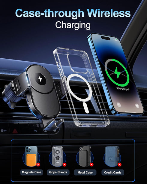 Wireless Car Charger, 15W Fast Charging Auto Clamping Phone Holder, Air Vent Mount for iPhone 15/14/13/12