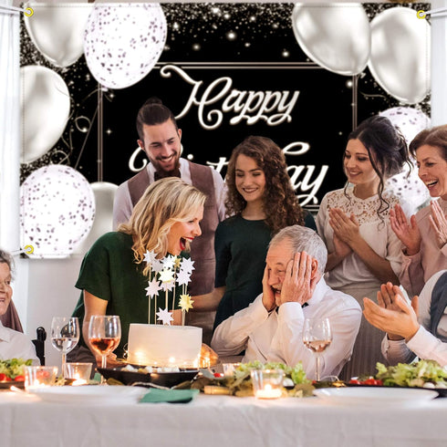 Happy Birthday Backdrop Banner | Black and Silver Photography Background | Large Party Sign Poster for Men and Women