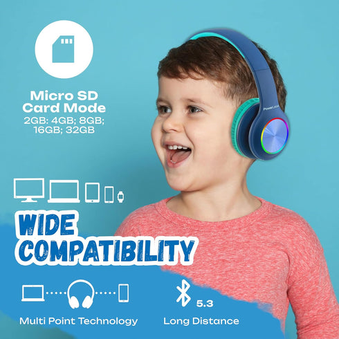 PowerLocus PLED Kids Bluetooth Headphones, Wireless with LED Lights, Safe Volume, Micro SD, AUX Cable, Hi-Fi Stereo for