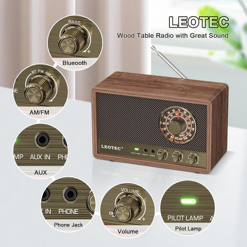 LEOTEC AM FM Radio, Retro Wood Table Radio, Portable Bluetooth Speaker with AUX and Headphone Jack, Brown