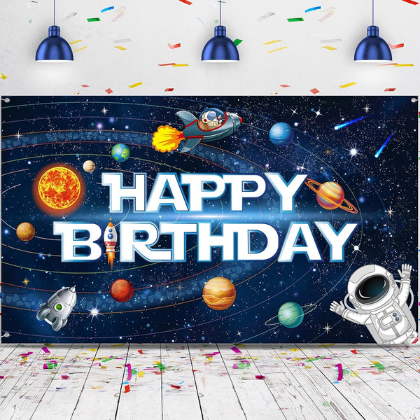 Sumind Space Happy Birthday Decorations, Astronaut Rocket Backdrop Banner for Kids Boys Party, 72.8 x 43.3 Inches