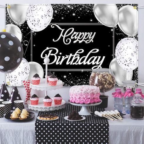 Happy Birthday Backdrop Banner | Black and Silver Photography Background | Large Party Sign Poster for Men and Women
