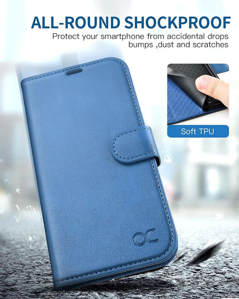 OCASE iPhone 13 Wallet Case - Light Blue PU Leather Flip Folio, RFID Blocking, Card Holders, Shockproof TPU, 6.1" 2021.