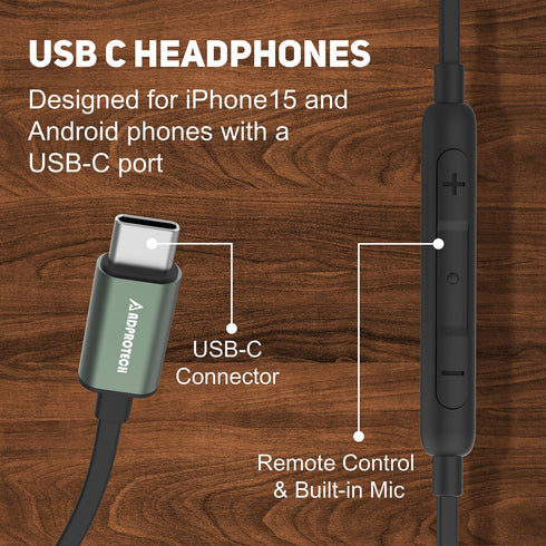 USB C Headphones for iPhone - Type C Earbuds Red Pear Wood Wired HiFi Stereo with Remote & Mic, Dark Green
