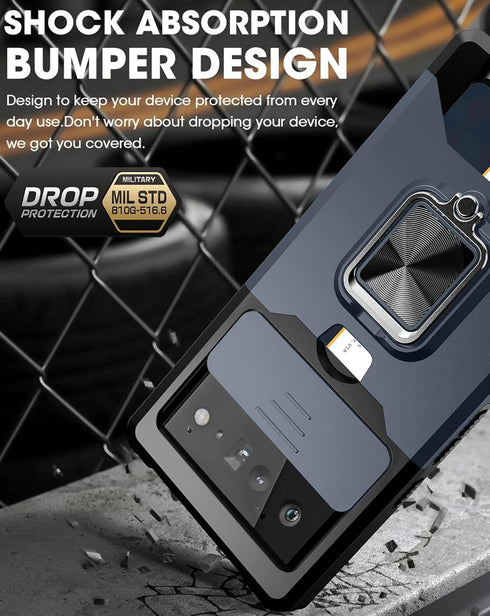Google Pixel 6 2021 Case with Camera Cover & Kickstand, Slide Lens Cover, Rotate Ring Stand, Full Protect Blue