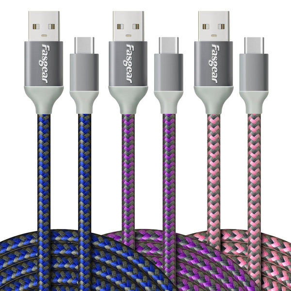 Fasgear 10ft USB C to USB A Cables 3 Pack, 3A Fast Charging, Nylon Braided, Compatible with Galaxy S20, LG V20, PS5