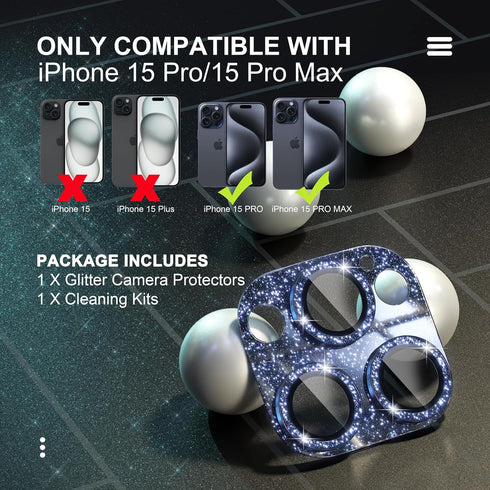Choiche Compatible for iPhone 15 Pro/iPhone 15 Pro Max Camera Lens Protector, Bling Camera Cover with 9H Tempered Glass Lens Screen Protector Metal Ring Decoration Accessories (Glitter-Titanium Blue)