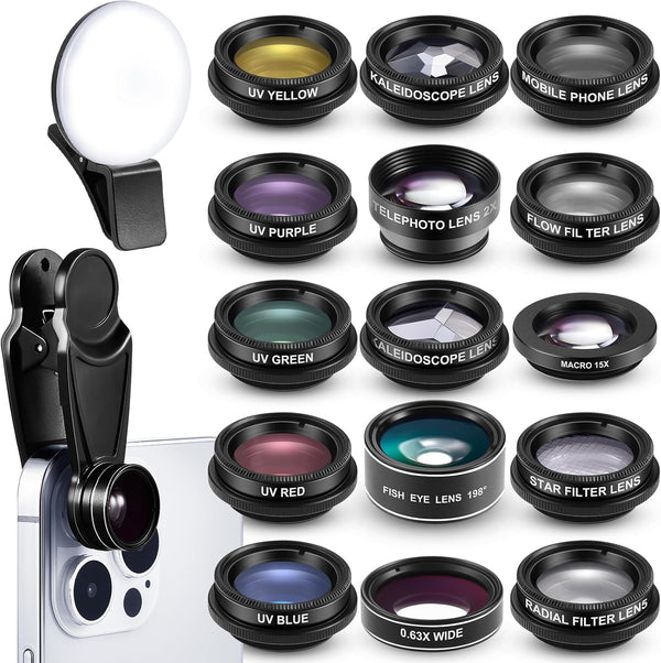 16 Pcs Phone Camera Lens Kit, 16 in 1 with Selfie Light and Universal Clip for Most Phones