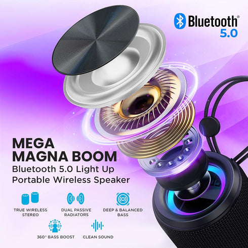 Mega Magnaboom Small Bluetooth Speaker | Portable 5.0 Bluetooth Waterproof Speaker | Wireless, LED Lights, Enhanced Bass, Indoor/Outdoor Parties and Travel