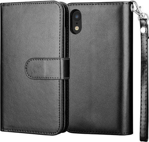 NJJEX Wallet Case for iPhone XR - PU Leather with 9 Card Slots, Detachable Kickstand, Magnetic Cover (Black)