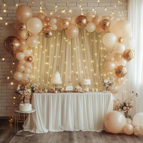 10FT 8FT (2 5x8FT) Tulle Backdrop Curtain with Lights String X Champagne Sheer Tulle Backdrop Curtains for Wedding