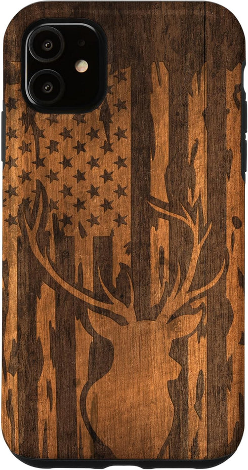 iPhone 11 Case - Deer Buck with Flag on Wood-like Background