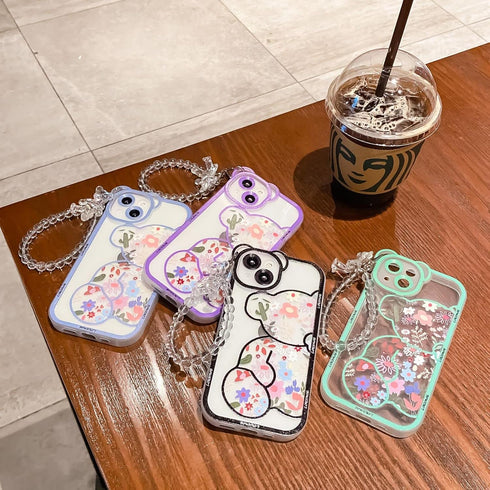 Case for iPhone 11 Pro Max with Cute Flowers Bear Pattern, Clear Case and Lovely Strap Bracelet Chain for Girls Women