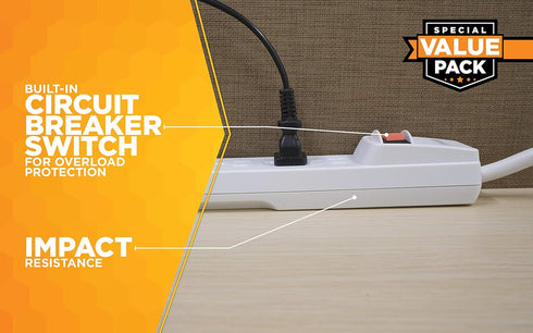 Woods 41435 Power Strip with 6 Outlets, 2-Pack, 2.5’ Cord and Durable White Housing