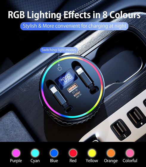 DICMKY 4 17 16 15 14 13 Retractable Car Charger USB Hub with RGB Light, Port Car Charging Station Cigarette Lighter