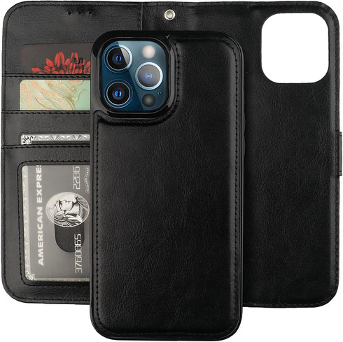 Bocasal Detachable Wallet Case for iPhone 13 Pro Max - RFID Blocking Card Slots, Premium PU Leather, Shockproof (Black)