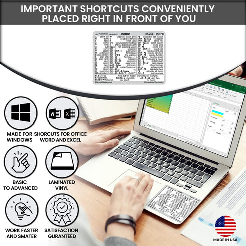 SYNERLOGIC Microsoft Word/Excel (for Windows) Reference Guide Keyboard Shortcut Sticker, Laminated, No-Residue Vinyl (White/Large)