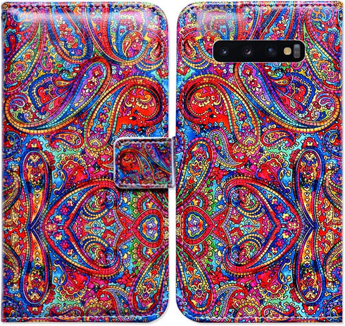 Case for Galaxy S10 - Bright Paisley Pattern Flip Folio Leather Wallet Cover with ID Card Slot Kickstand