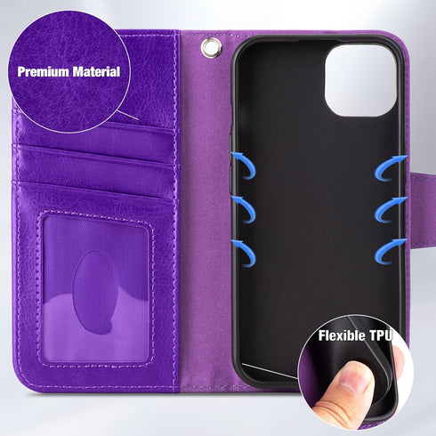 Arae Compatible with iPhone 13 Case with Card Holder and Wrist Strap Wallet Flip Cover for iPhone 13 6.1 inch, Purple