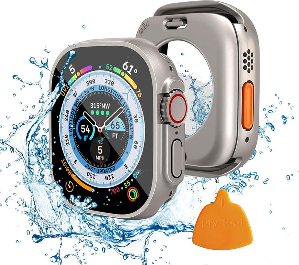 (2 in 1) Waterproof Case Compatible for Apple Watch Ultra/Ultra 2, Tempered Glass Protective PC Face Cover & Back Bumper