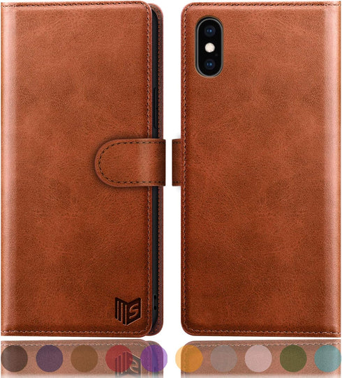 SUANPOT RFID Leather Wallet Case for iPhone X/XS 5.8" - Shockproof Flip Folio Cover, Card Holder, Light Brown