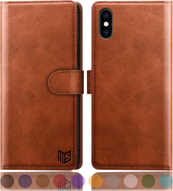 SUANPOT RFID Leather Wallet Case for iPhone X/XS 5.8" - Shockproof Flip Folio Cover, Card Holder, Light Brown