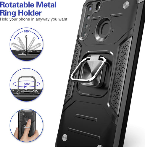 Galaxy A21 Case with Screen Protector, Shock Absorption Heavy Duty Slim Fit with Kickstand, Black