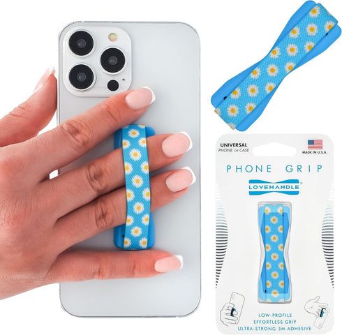 LOVEHANDLE Universal Phone Grip, Happy Daisy Design, Elastic Strap with Blue Base for Smartphones and Tablets