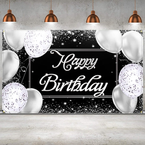 Happy Birthday Backdrop Banner | Black and Silver Photography Background | Large Party Sign Poster for Men and Women