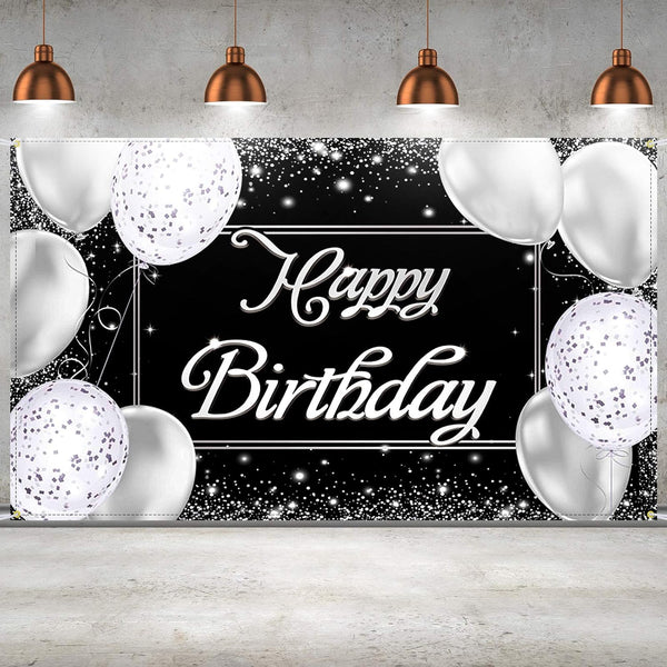 Happy Birthday Backdrop Banner | Black and Silver Photography Background | Large Party Sign Poster for Men and Women