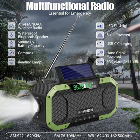 Emergency Radio Waterproof Bluetooth Speaker, Portable AM FM NOAA Weather Radio, Hand Crank Solar Powered, 5000mAh