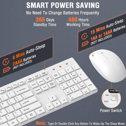 EDJO 2.4GHz 1 Pack) Wireless Keyboard and Mouse Combo, Silent Full Size Cordless USB Keyboard Mouse, Lag-Free, Long