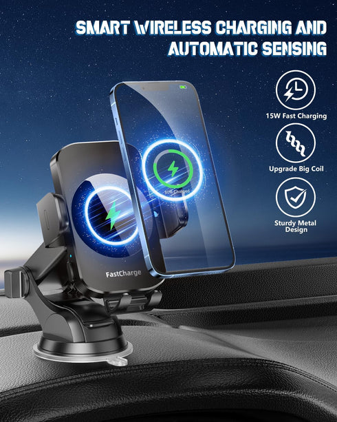 Wireless Car Charger 3 in 1 Phone Mount, Fast Charging Auto Clamping, Compatible with iPhone 15 14 13 12 11, Samsung