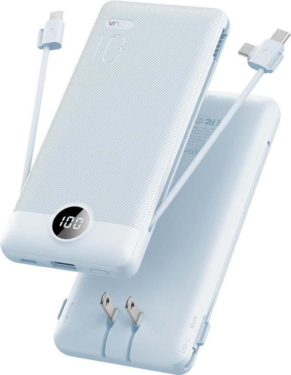 VRURC Portable Charger with Built-in Cables and AC Wall Plug, 10000mAh USB C Power Bank for Smart Phones, Tablets Blue