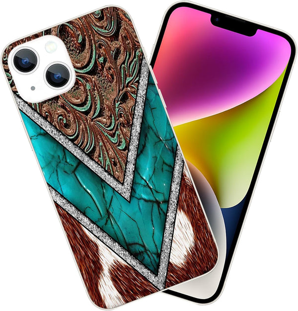 iPhone 15 Case - Western Cowhide Turquoise & Brown Animal Print, Shockproof TPU Cover for Women & Girls, Unique Design.